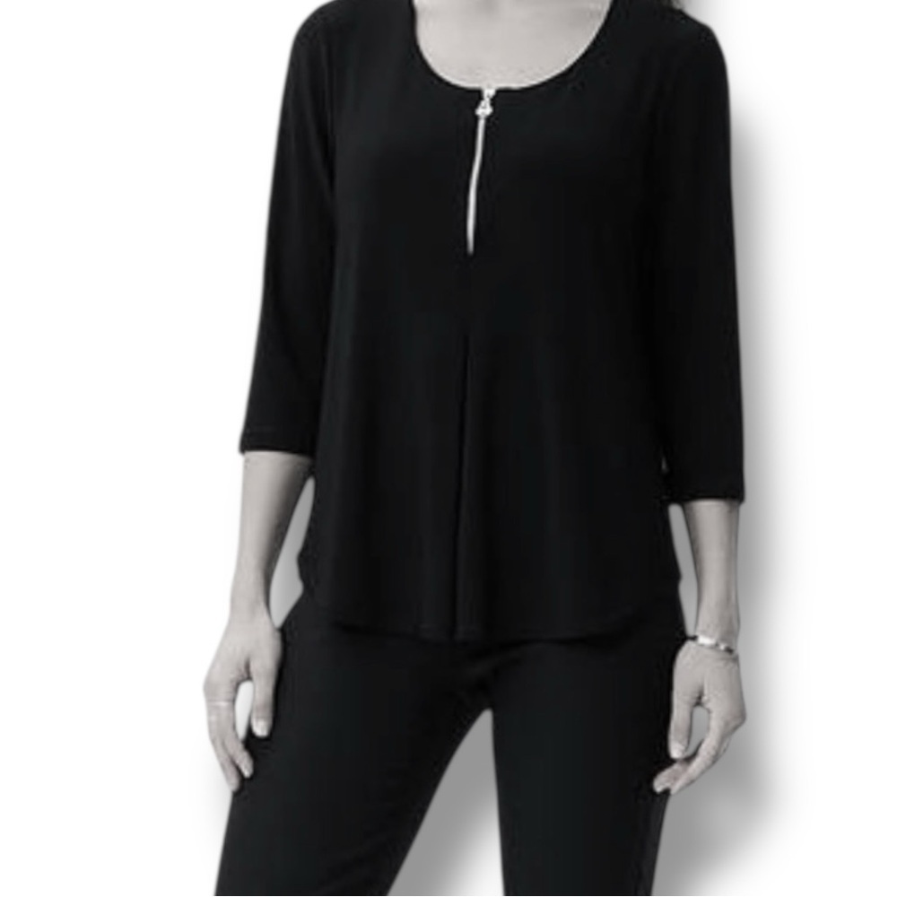 JOSEPH RIBKOFF Scoop Neck Zipper Blouse - Size 12 Black/Silver